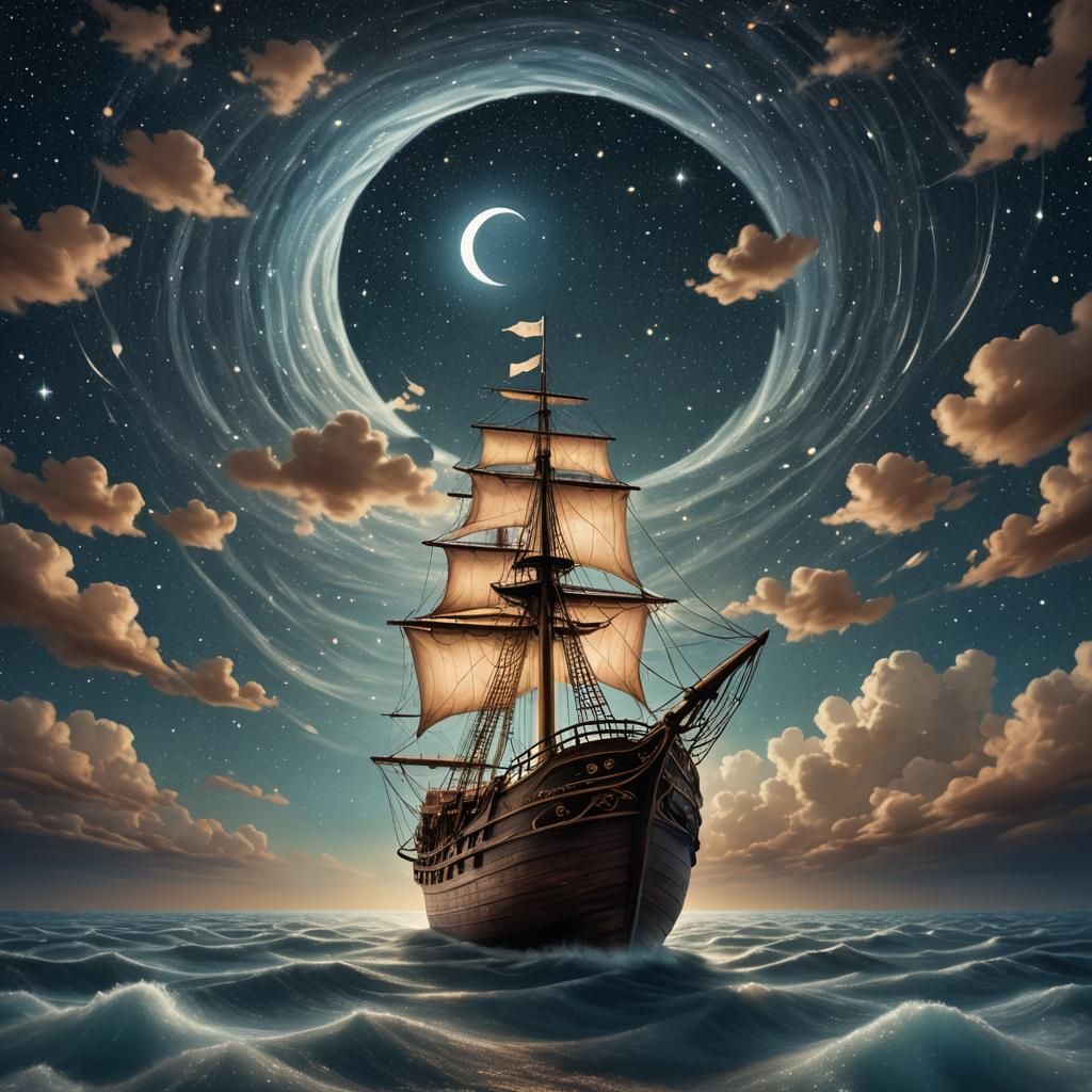 Sailor's Dream: Sailing a Starry Sky, Surreal Art