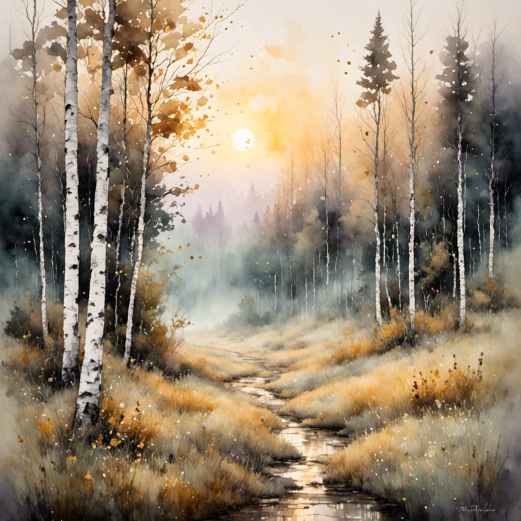 Birch Forest Dawn in Antique Watercolor Style