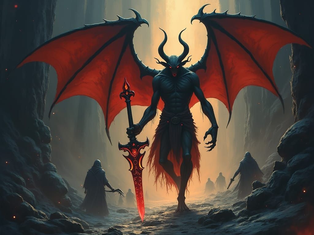 Tired Demon Battles in Abyss: Art Deco Style