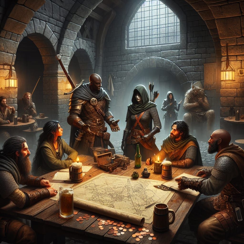 Adventurers Plotting Voyage in Dimly Lit Tavern