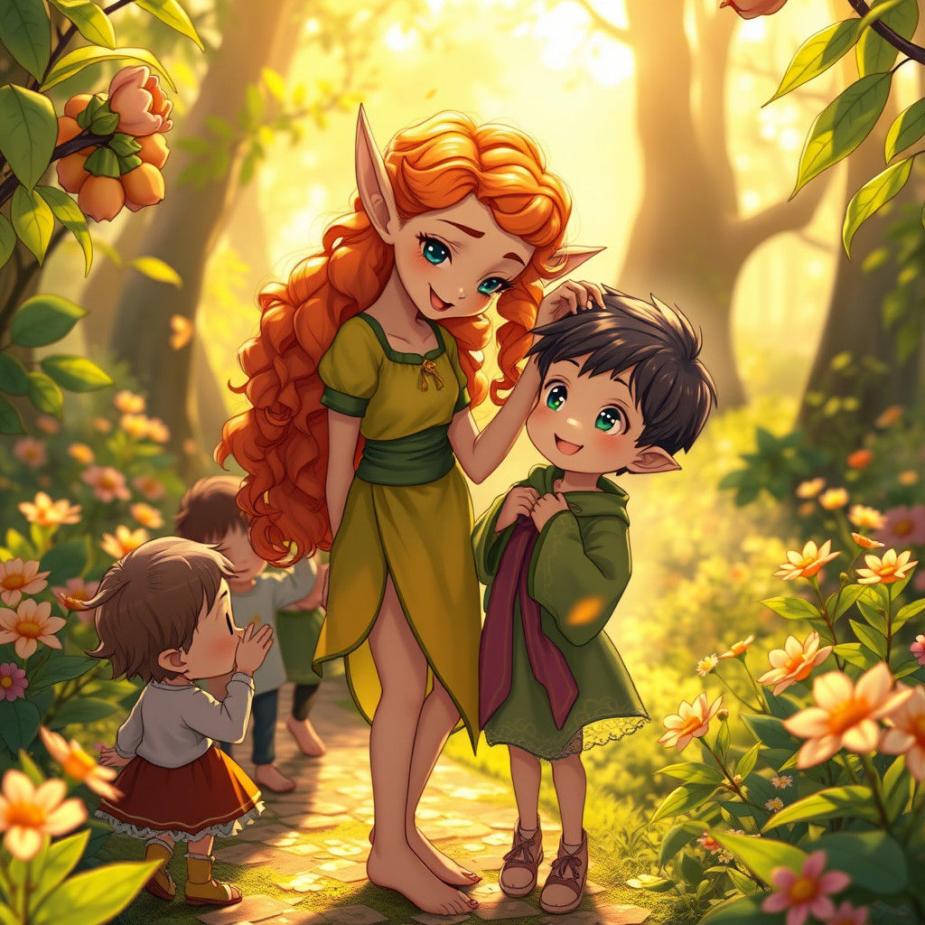 Joyful Spring Elf with Children: Anime Style