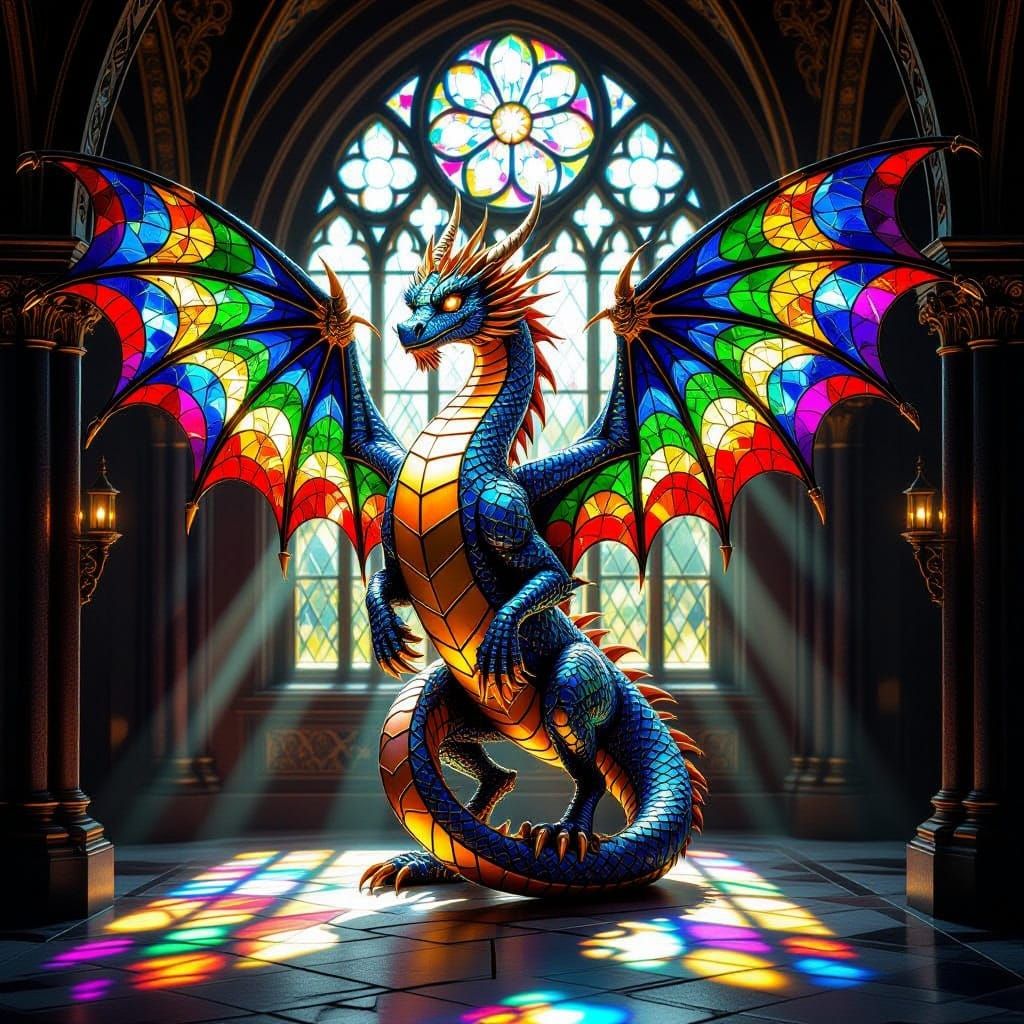 Luminous Stained Glass Dragon in Cathedral Style
