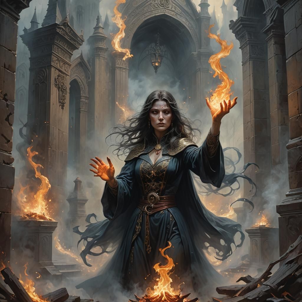 Sorceress Unleashes Flames at Demonic Palaces