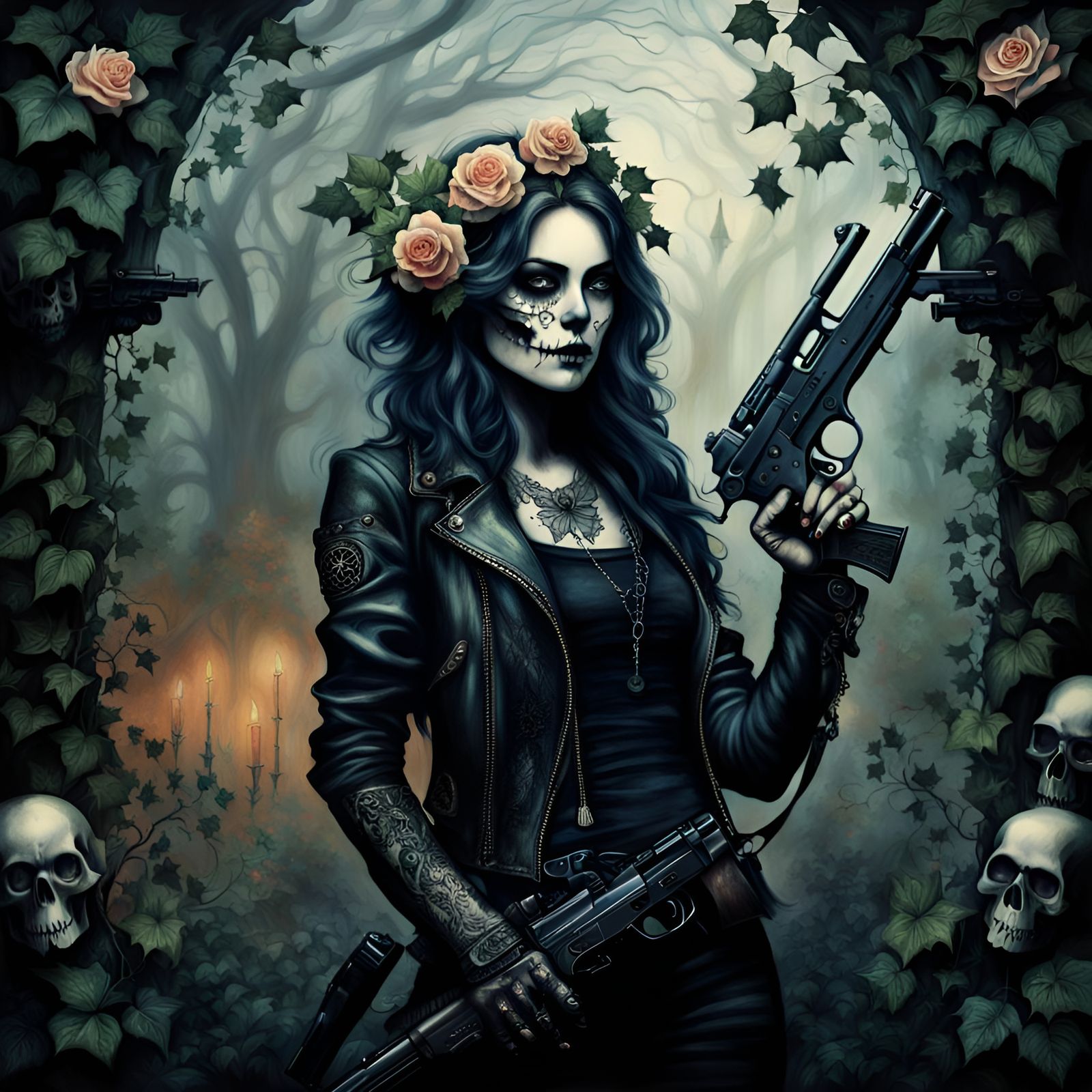 Gothic woman, guns, roses, ivy, skulls, Emile Autumn, atmospheric ethereal mystical