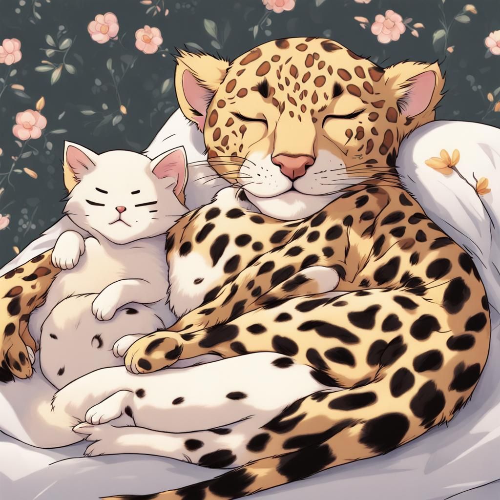 Leopard and Kittens in Anime Style