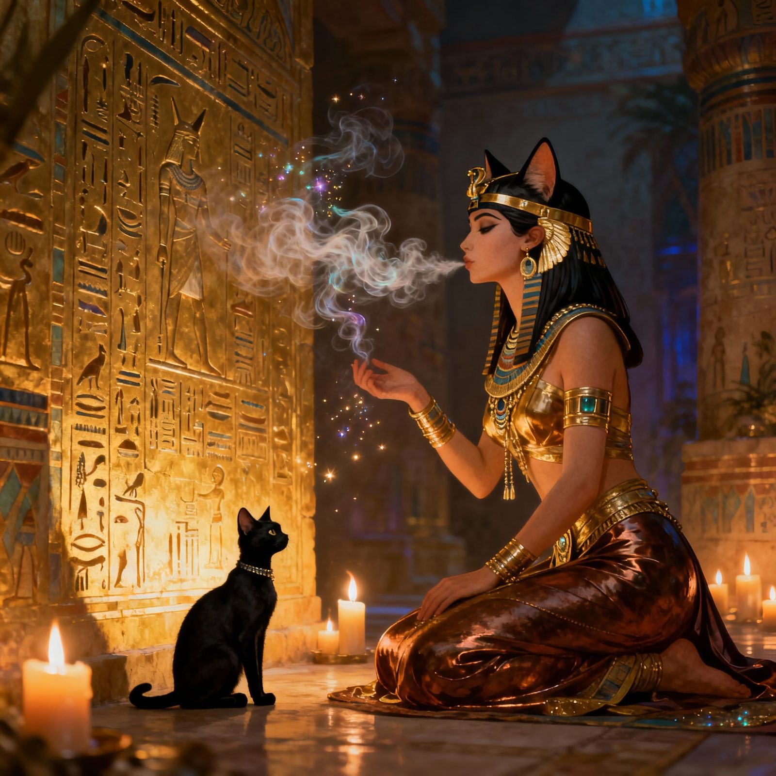Egyptian Woman With Cat Ears and Mystical Smoke