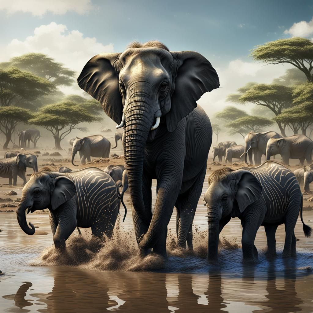 Elephants Bathing in River: Detailed Concept Art