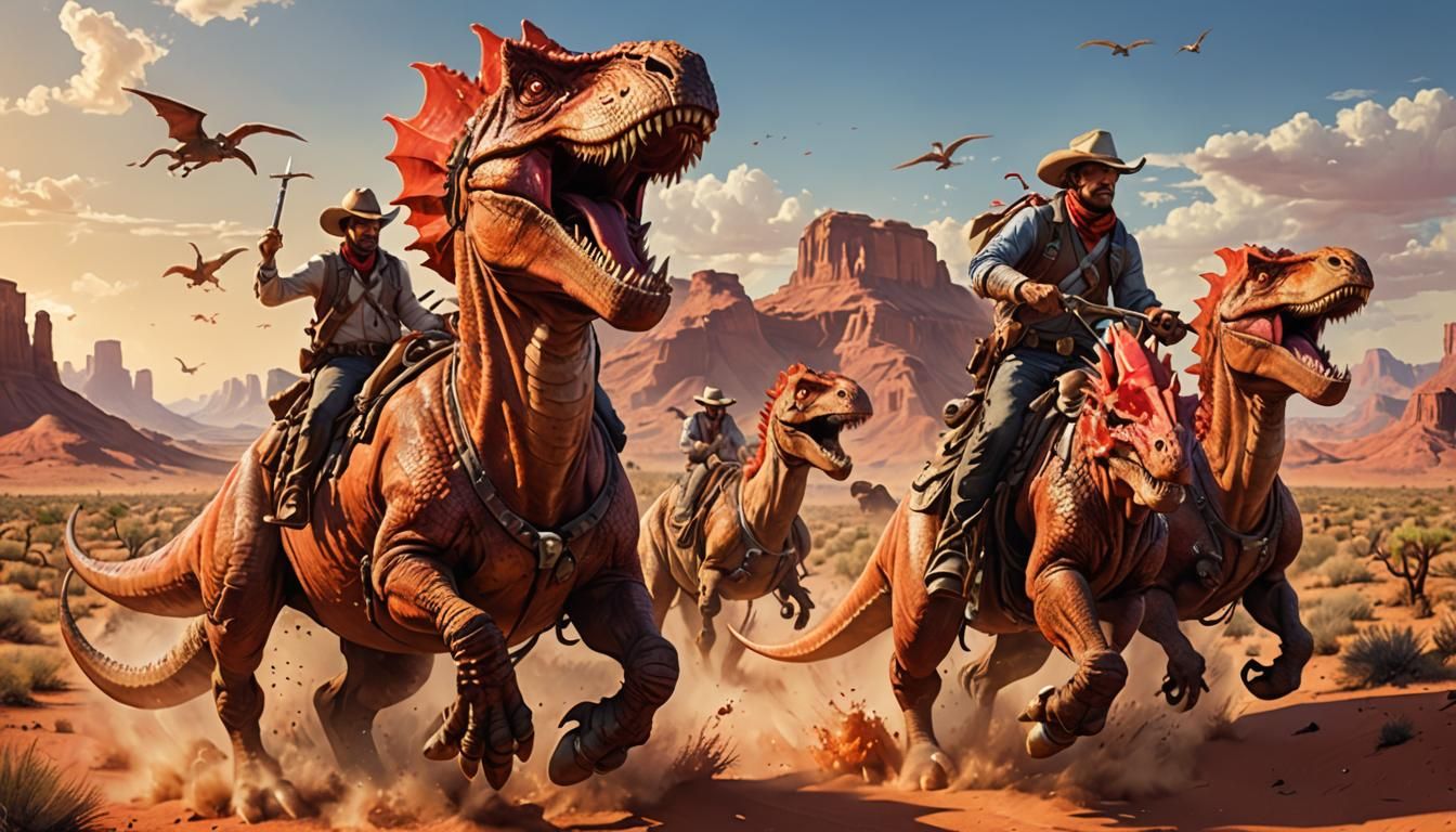 Cowboys on Dinosaurs in Red Desert: Hyperrealistic Art