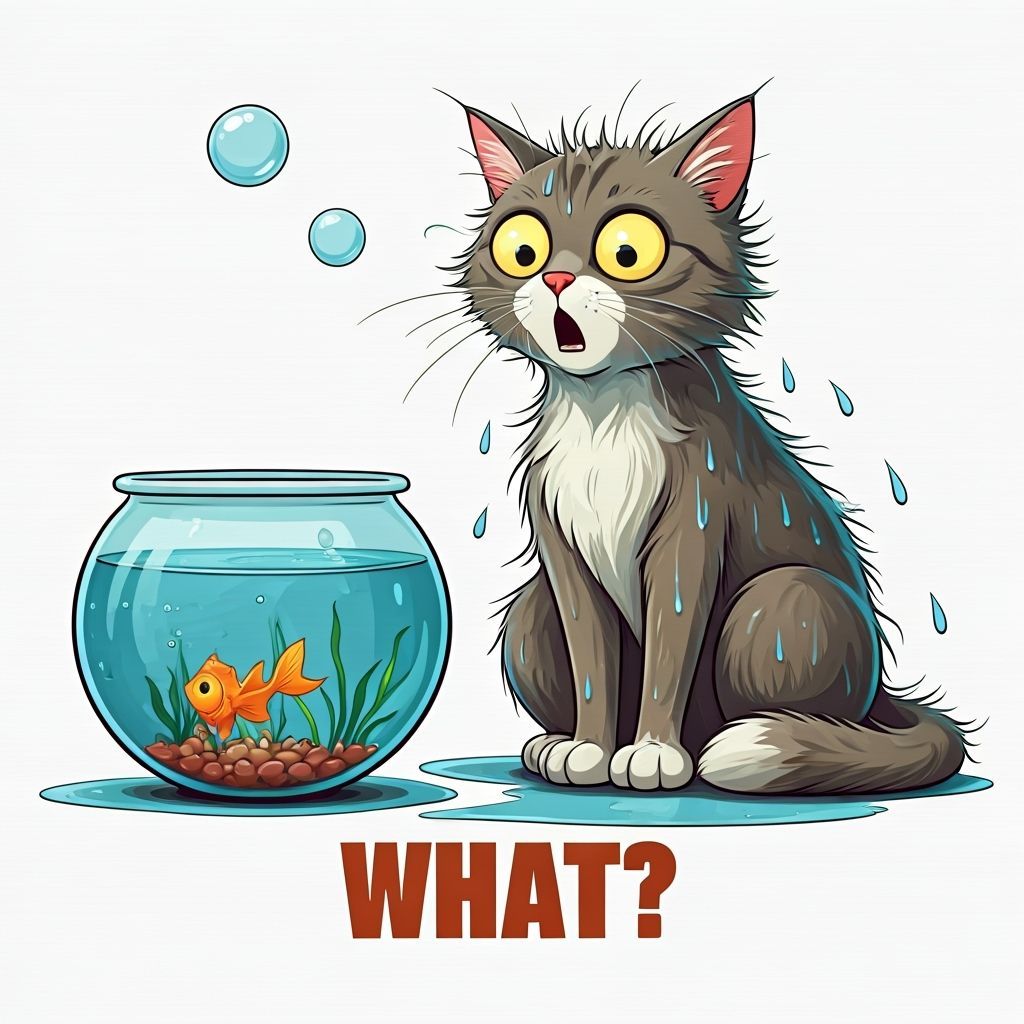 Humorous Cartoon Cat with Wide Eyes Next to Empty Fishbowl