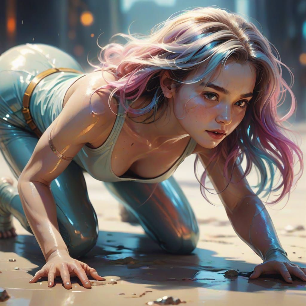 Elegant Woman Crawling: Vibrant Digital Concept Art
