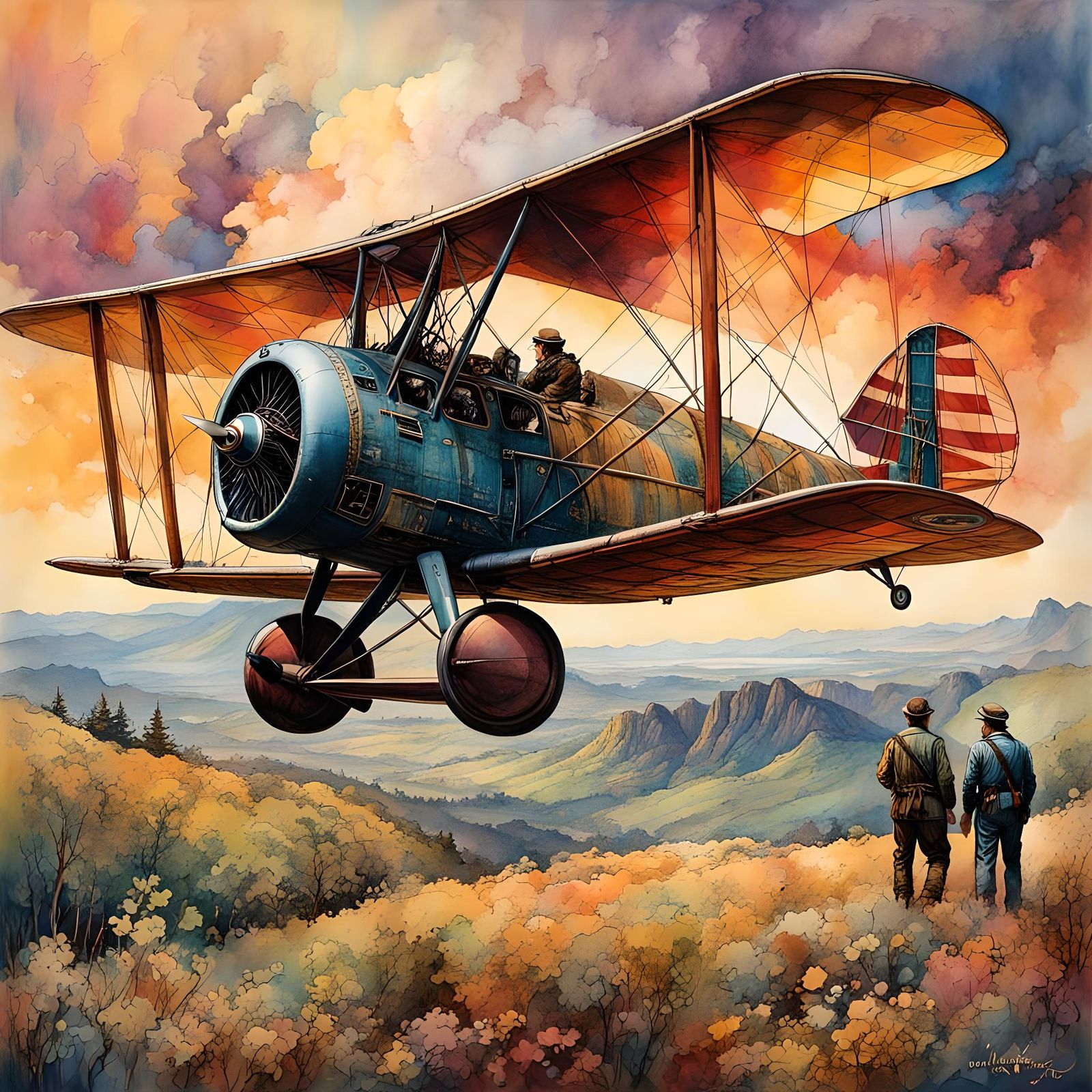 Wright Brothers' First Airplane in Aetherpunk Watercolor