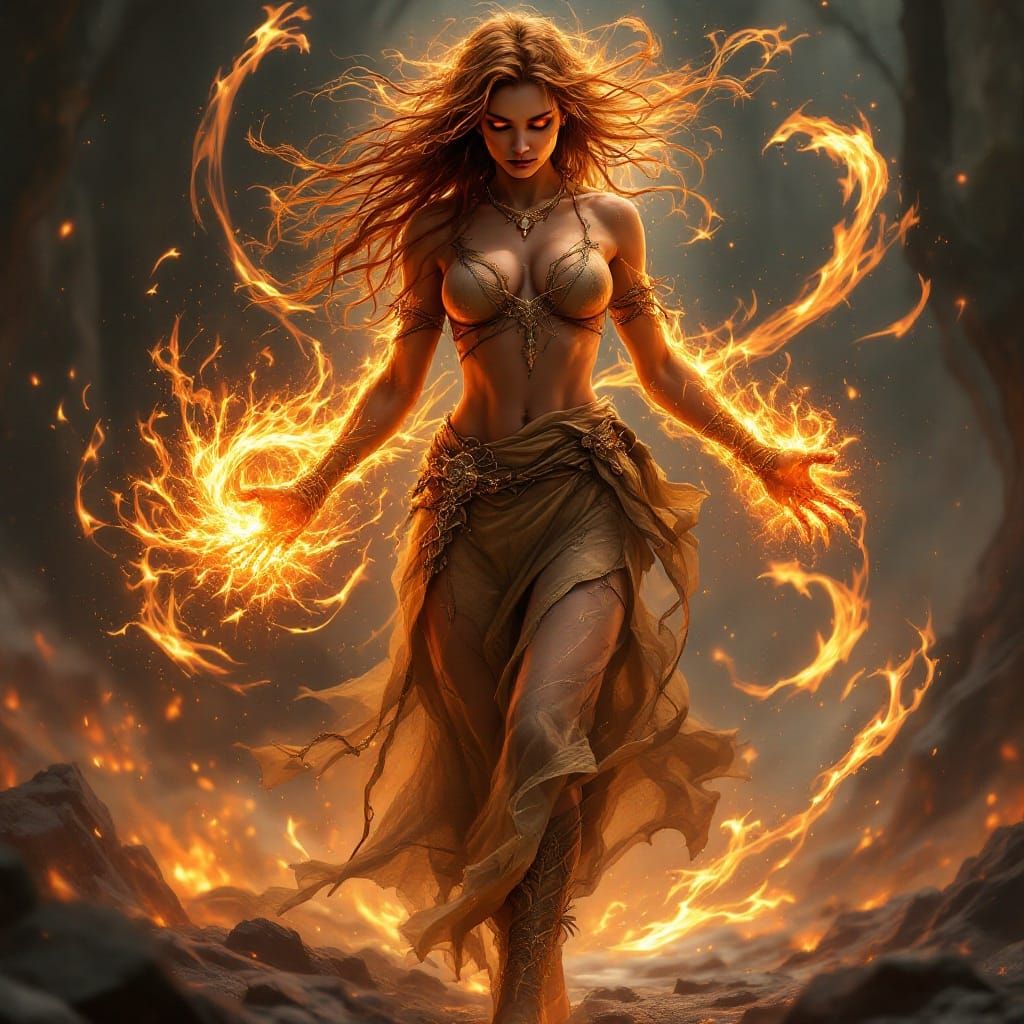 Fiery Flame-Born Woman with Molten Gold Eyes