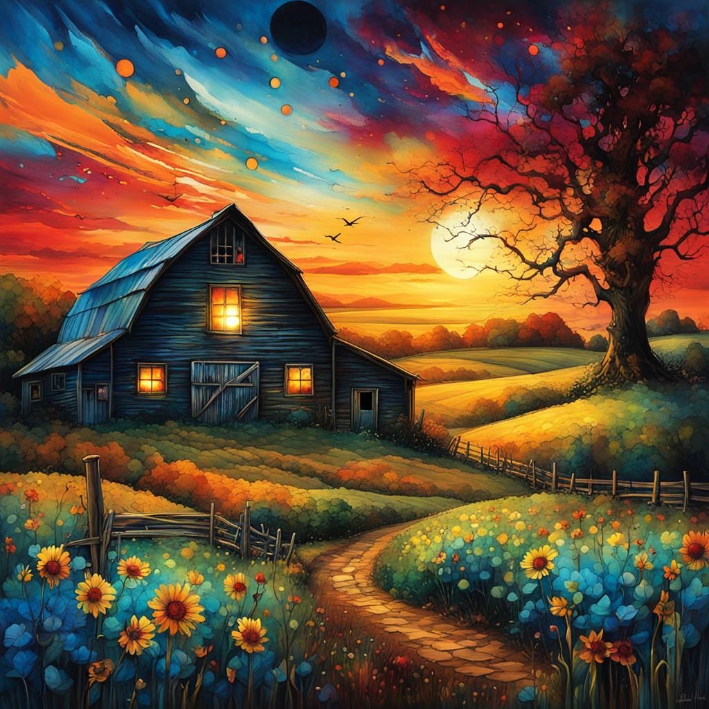 Summer Farm Sunset in Digital Alcohol Ink Style