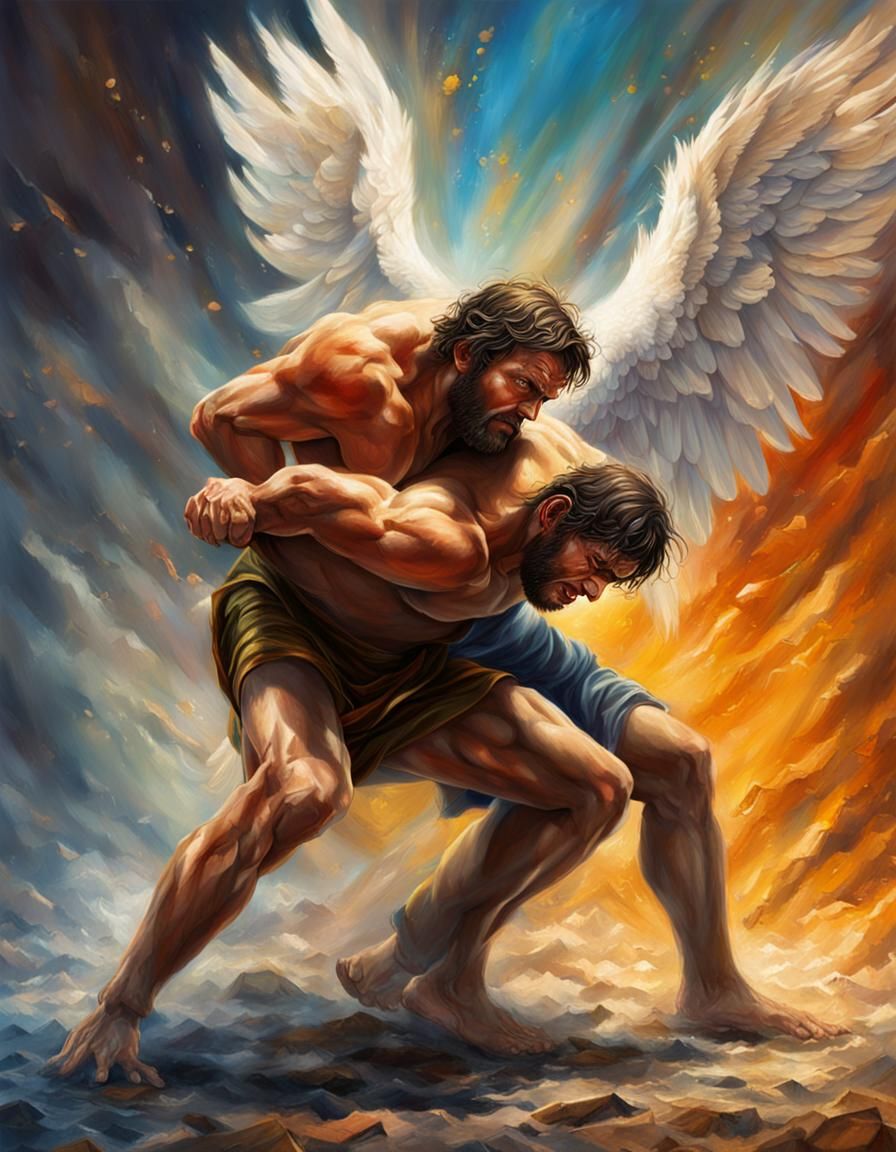 Man Wrestles Angel in Hyperrealistic Biblical Scene