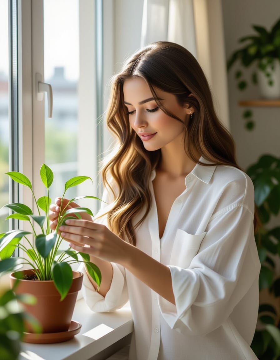 Young Woman Tends Indoor Plant in Sunlit Modern Condo