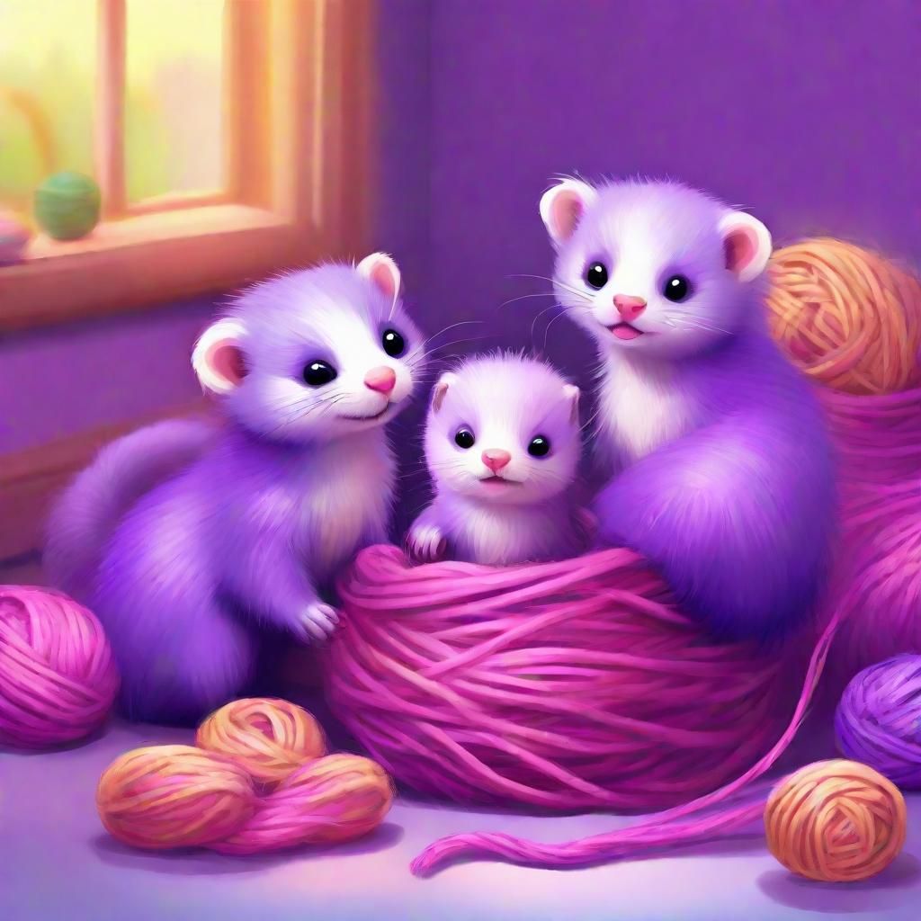 Adorable Purple Ferrets Play in Nursery: Whimsical Illustrat...