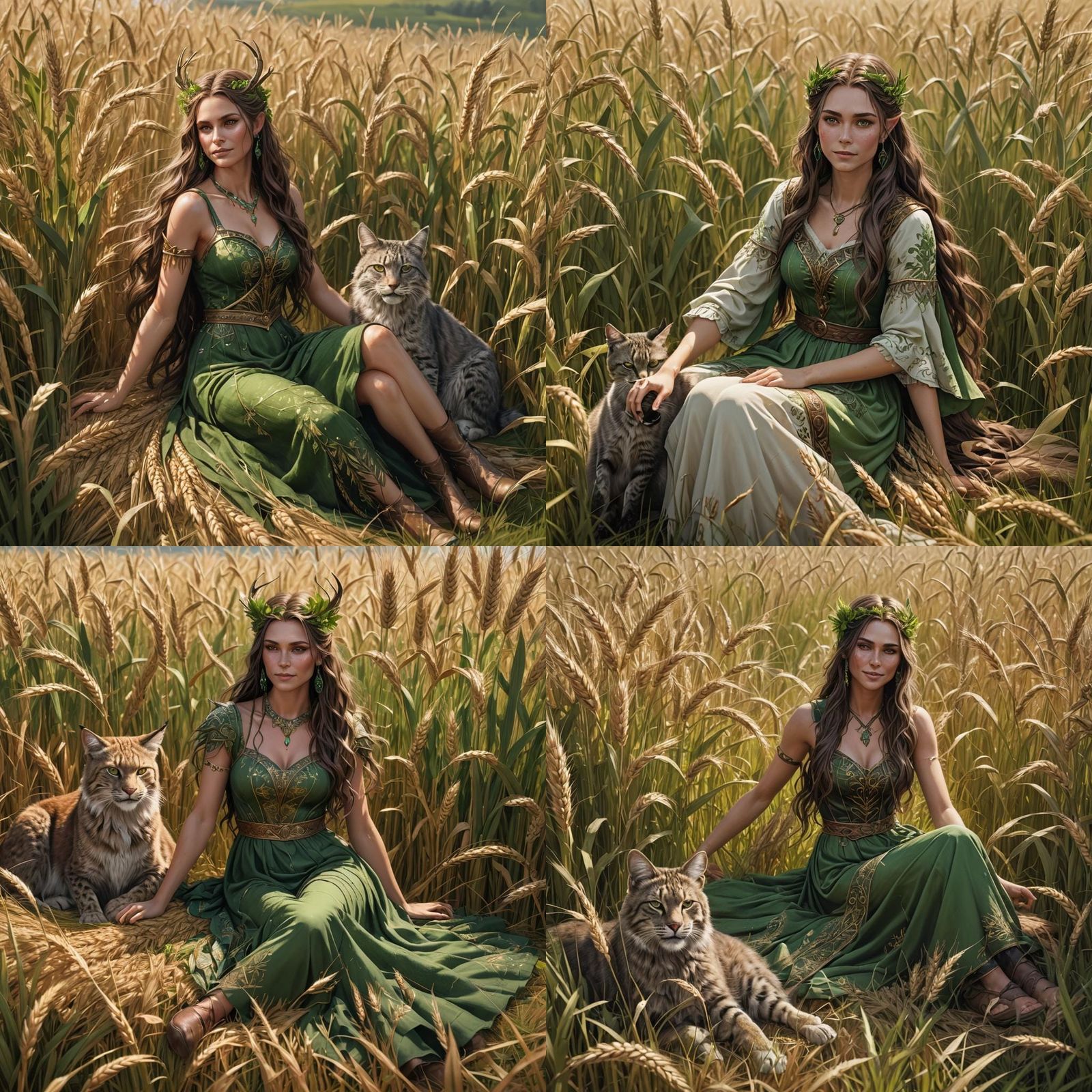 Half-Dryad in Wheat Field with Bobcat