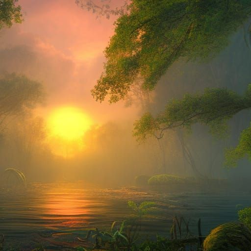 Hyperdetailed Swamp Sunset Matte Painting