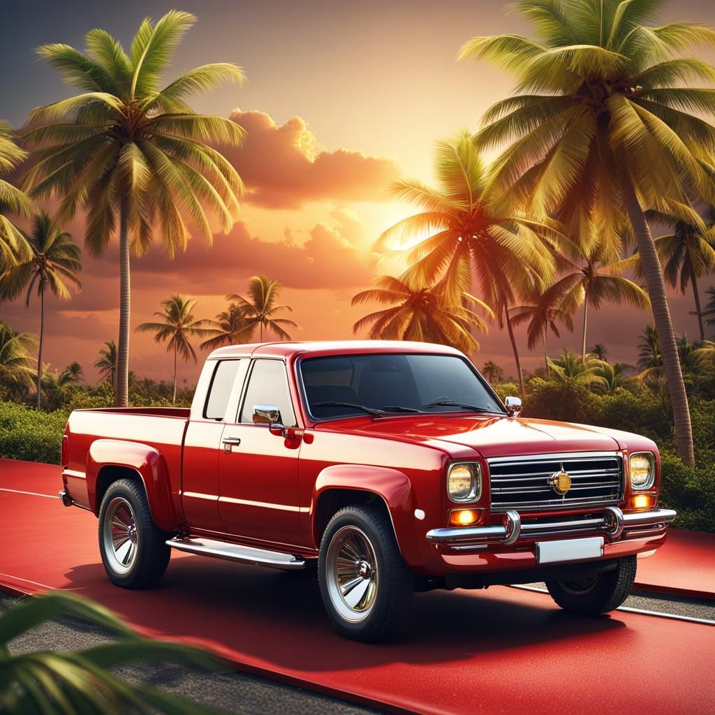 Futuristic Red Pickup Truck on Beach Road