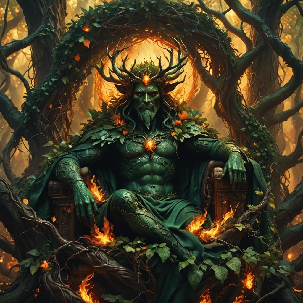 Tree God Sleeping in Emerald Flames: Fantasy Art