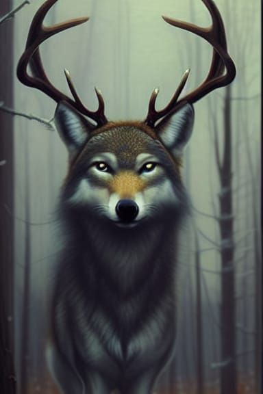 Wolf Deer Portrait with Antlers in Ethereal Winter Landscape