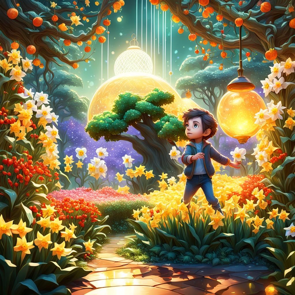 Child playing in a holiday garden of holly and narcissus flo...