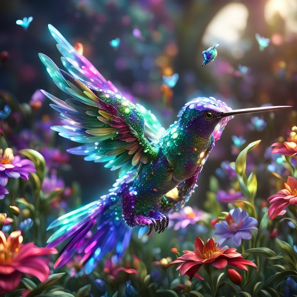 Crystalline Hummingbird in Fantasy Garden, 8K