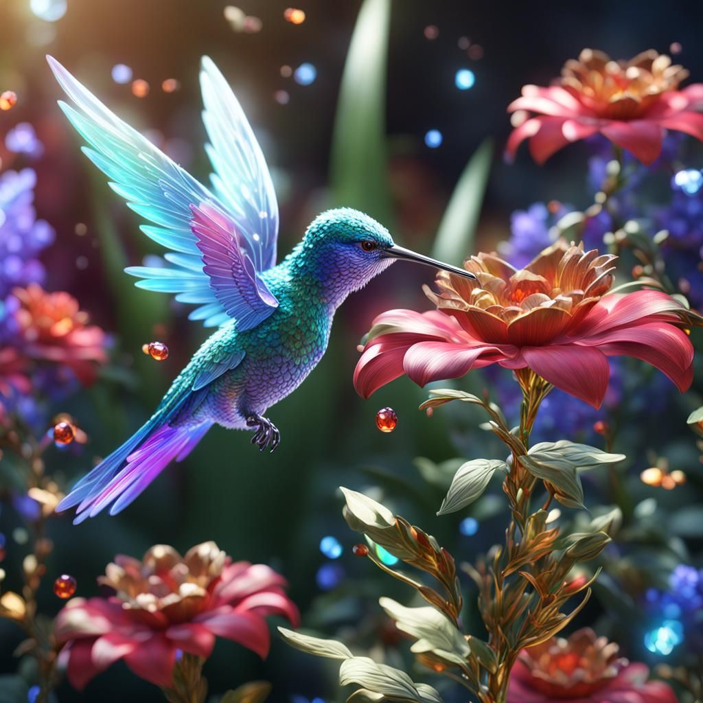Crystalline Hummingbird in Fantasy Garden