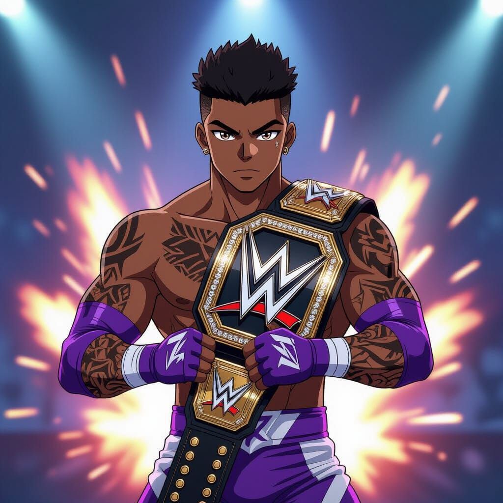 Anime Wrestler with Championship Belt and Pyro