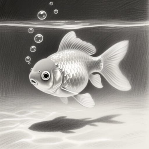 Monochromatic pencil illustration of a goldfish, illuminated in soft light, floating within an aquatic environment, trad...