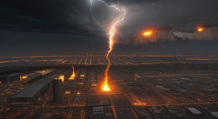 Fiery Teardrop Falls Through Stormy Sky