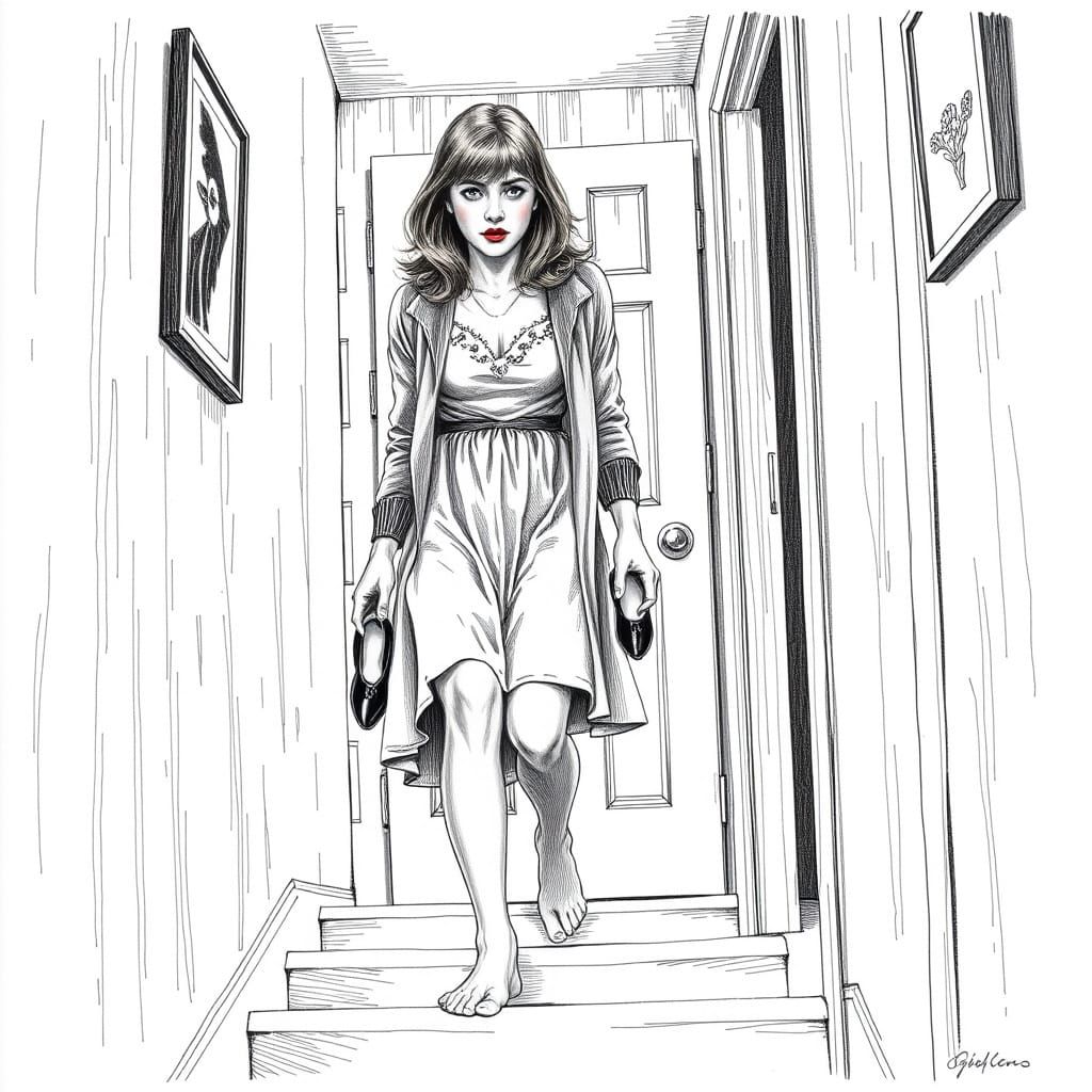 Woman in Prom Dress: Black and White Engraving