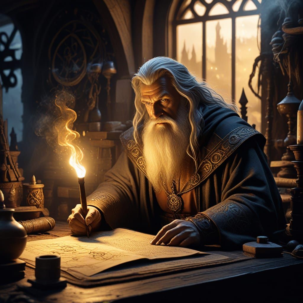Eerie Medieval Wizard Planning in Dark Fantasy Illustration