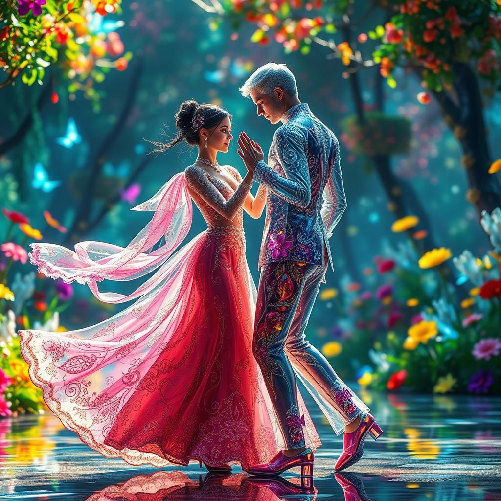 Glass Attire Couple Dancing in Dreamlike Setting