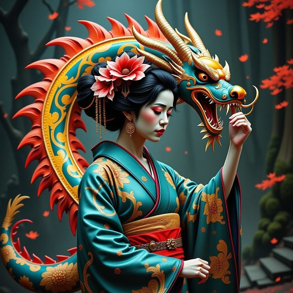Geisha Dances with Rainbow Dragon in Hyperrealistic Style