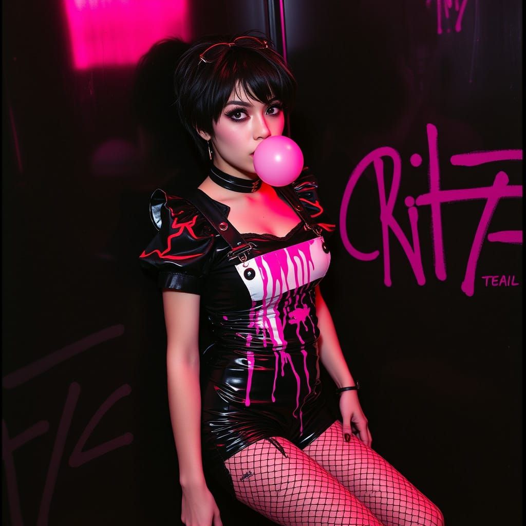 Gothic Maid in Neon-Lit Cyberpunk Hotel