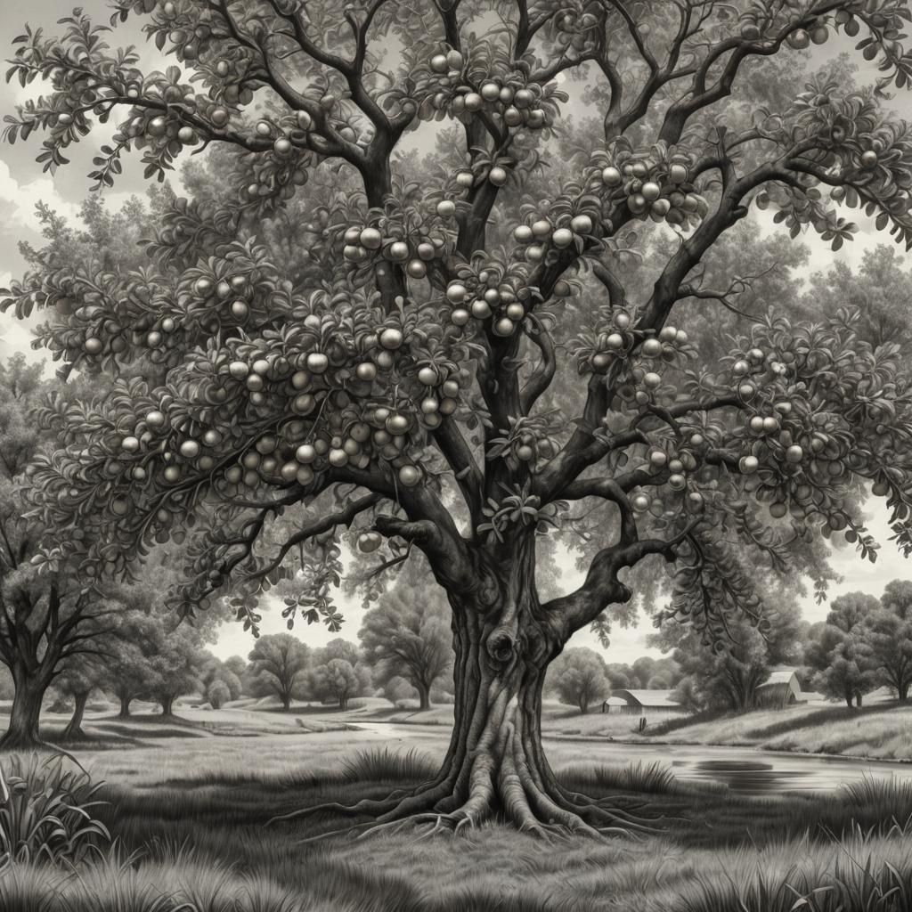 Apple Tree Sketch in Black and White Pencil