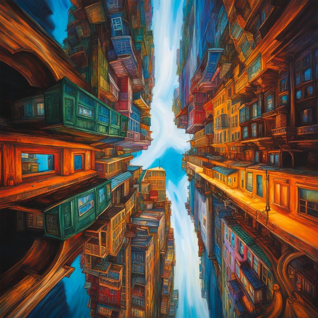 Surreal Upside Down Cityscape in Acrylics