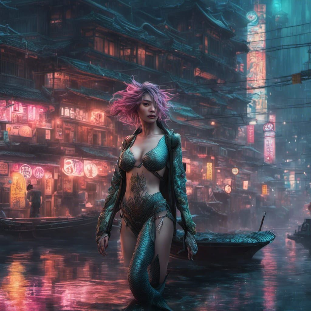Cyberpunk Mermaid in Japanese Cityscape