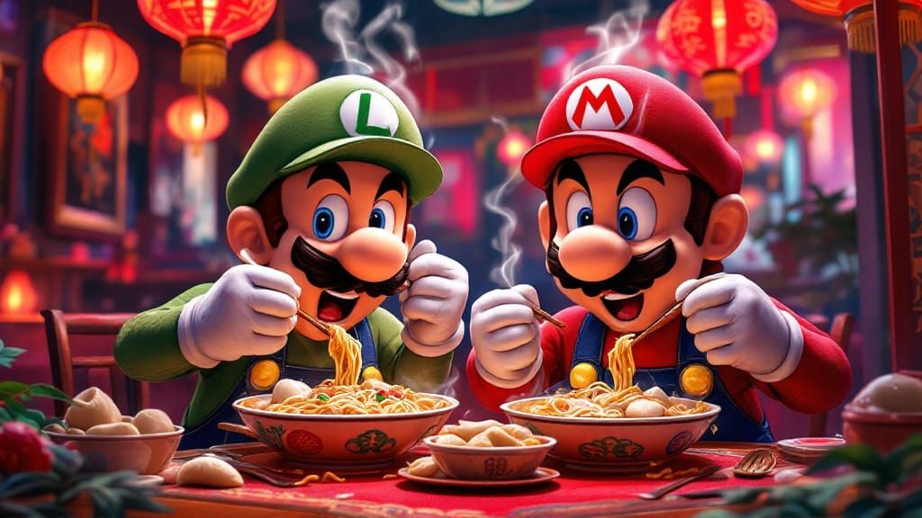 mario and luigi eating in a chinese restaurant and they like it. v2
