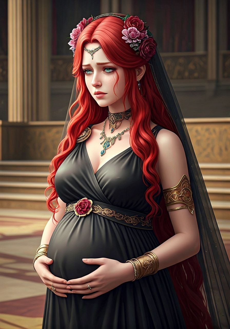 Grieving Pregnant Woman in Ancient Greek Palace Arena