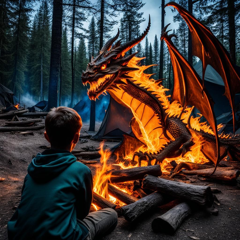 Boy and Dragon Made of Fire
