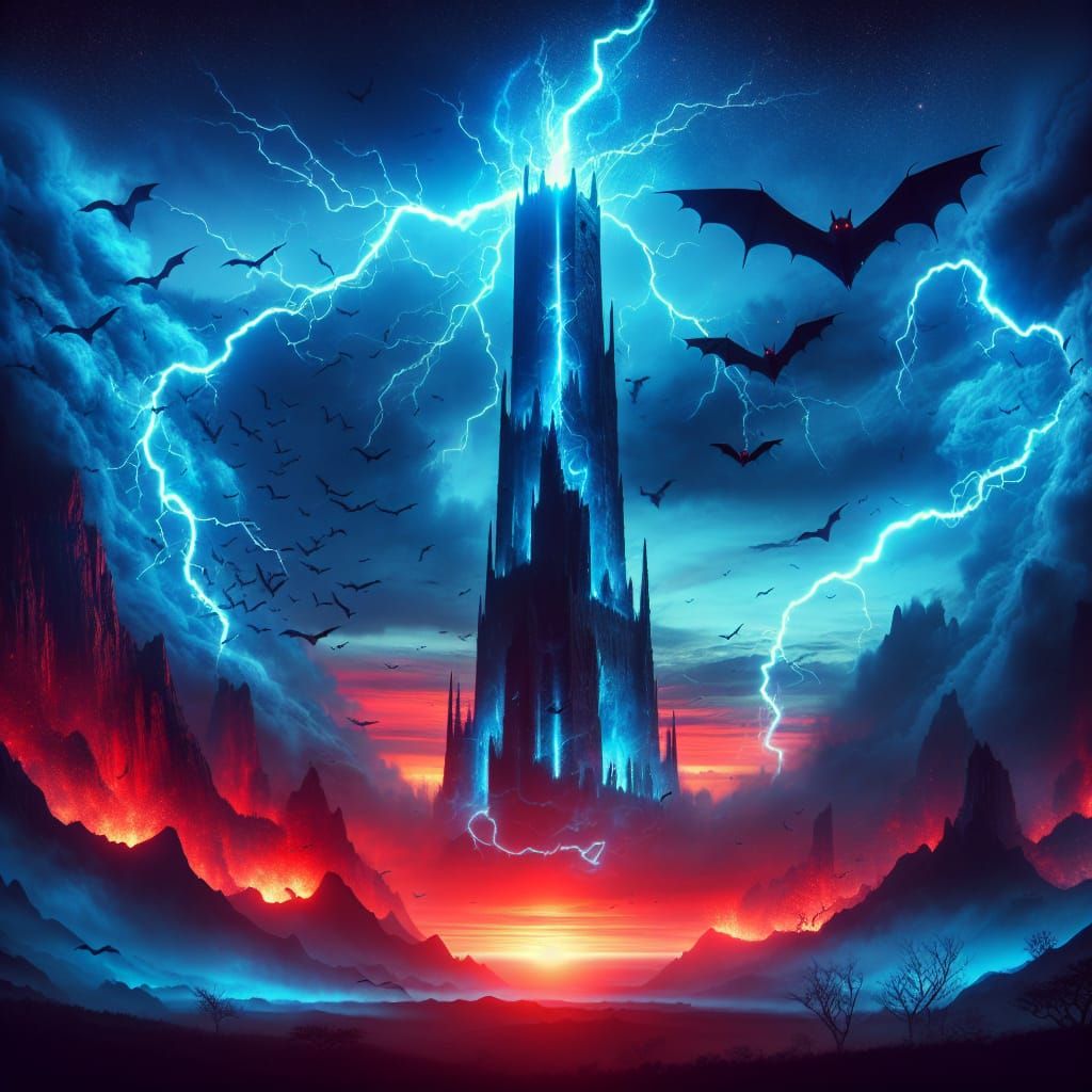 Blue Lightning Strikes Dark Magic Tower at Sunset