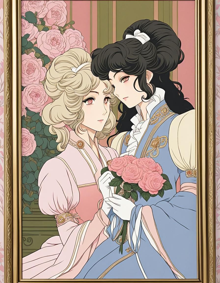 16k resolution, art capturing the essence of Riyoko Ikeda's classic shoujo manga style seen in 'La Rose de Versailles'. ...