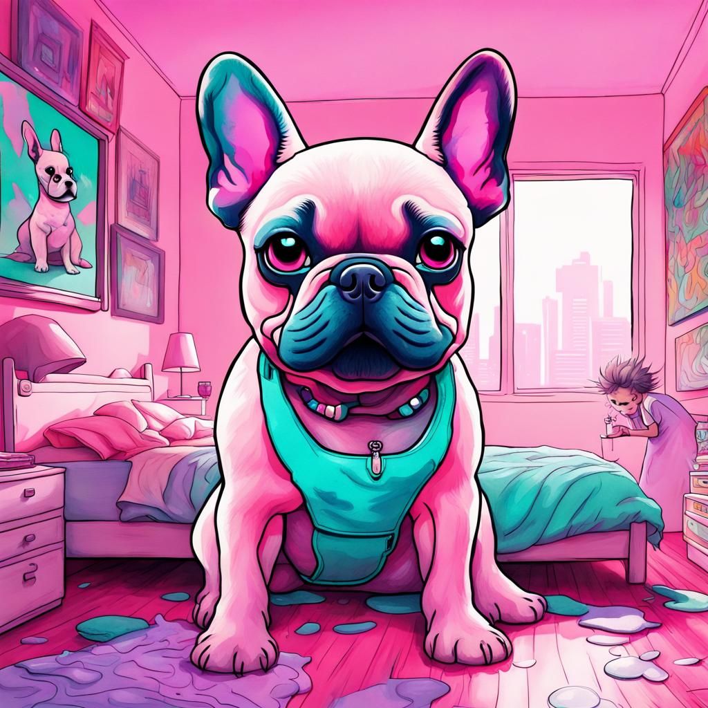 Pastel Pink French Bulldog in Teen Bedroom