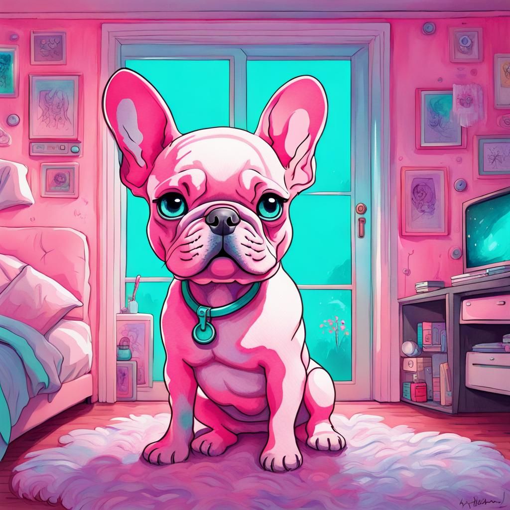 Pastel Pink French Bulldog in Neon Bedroom