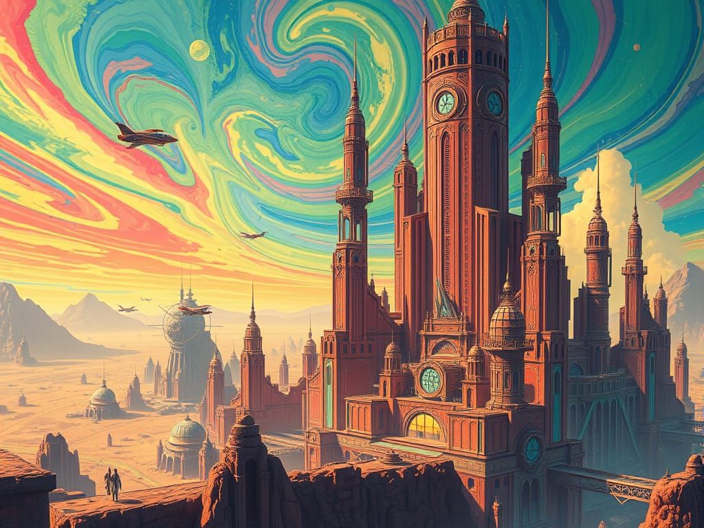 Retrofuturistic Cityscape on Alien Planet in Teslapunk Style