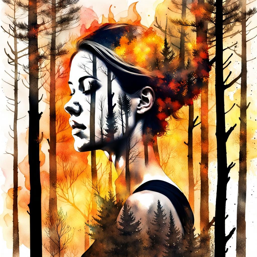 Fiery Forest: Double Exposure Watercolor Portrait