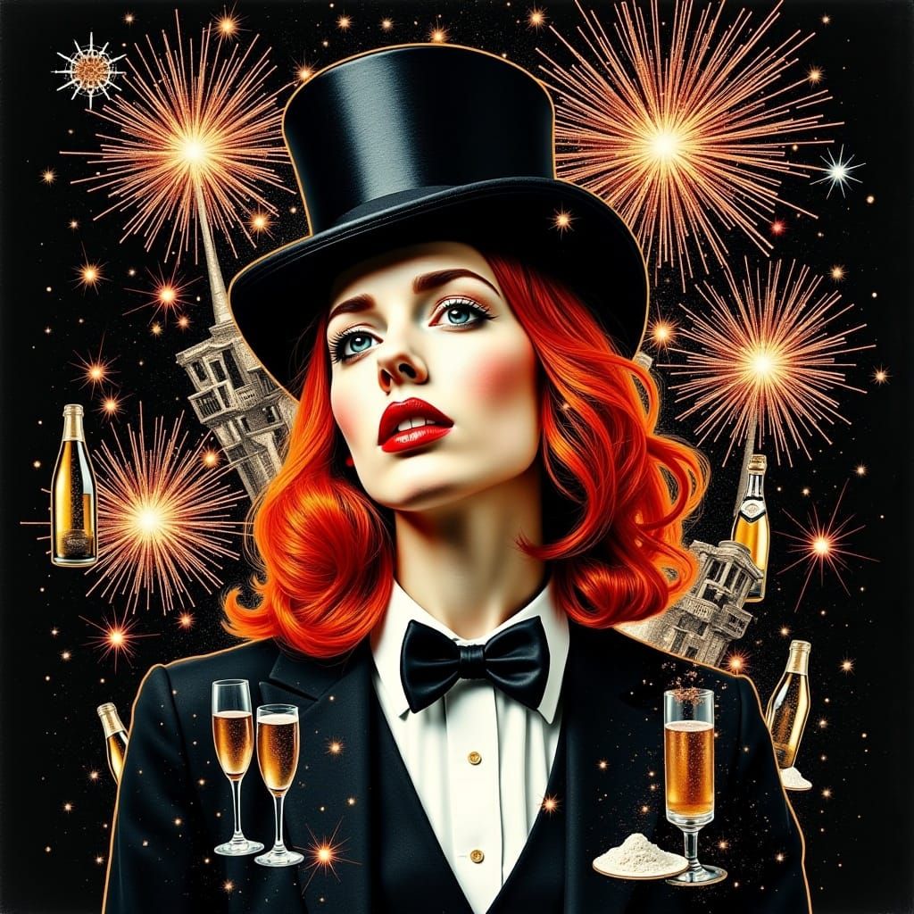 Red-Haired Woman in Tuxedo, Dada Collage Style