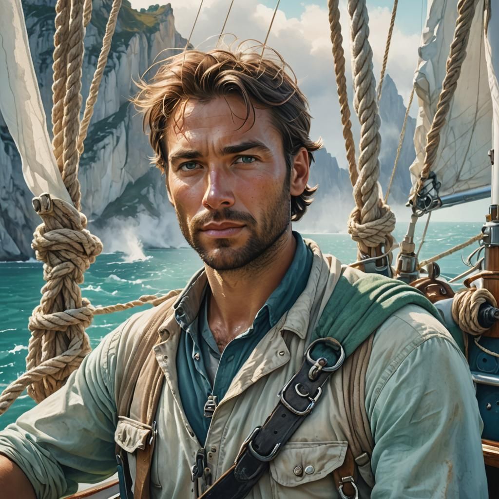 Explorer on Sailboat with Turquoise Sea, Watercolor Style